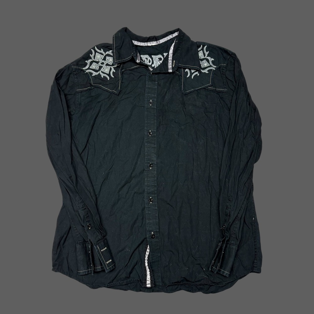 Positive Mens Black Embroidered Winged Cross Western Button Down Shirt Gothic L